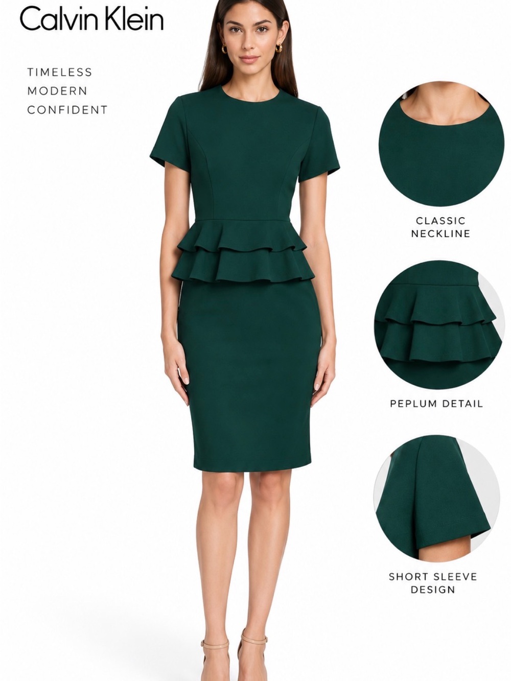 Calvin Klein Dark Green Short-Sleeve Peplum Sheath Dress